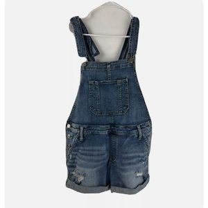 Silver Jeans Shortall L Blue Denim Dress Overall Short Solid Distressed Womens